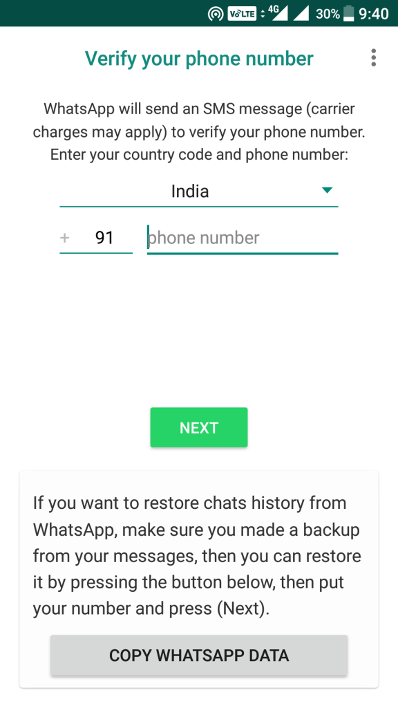 YoWhatsApp mobile number Verification screen