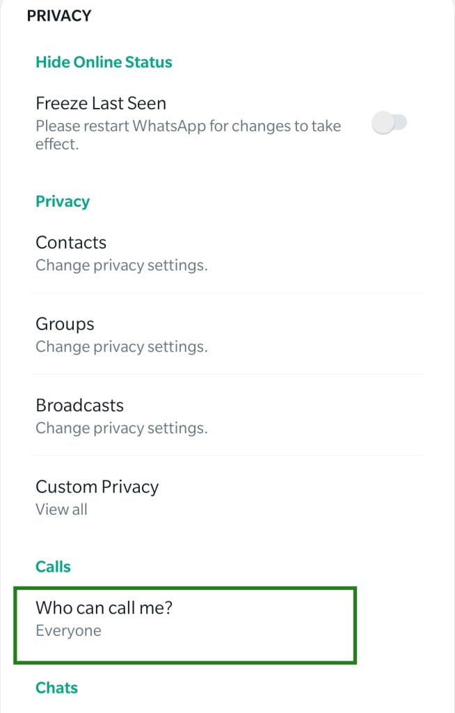 Privacy settings on GBWhatsApp