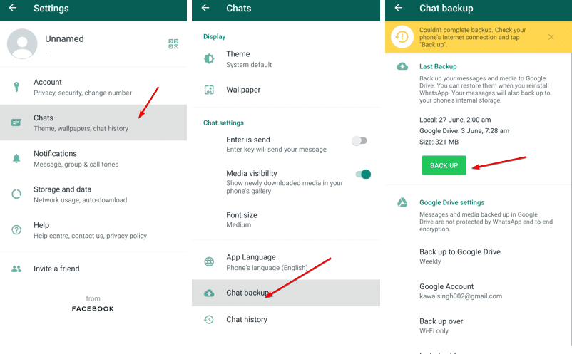 Chat backup option in WhatsApp Messenger